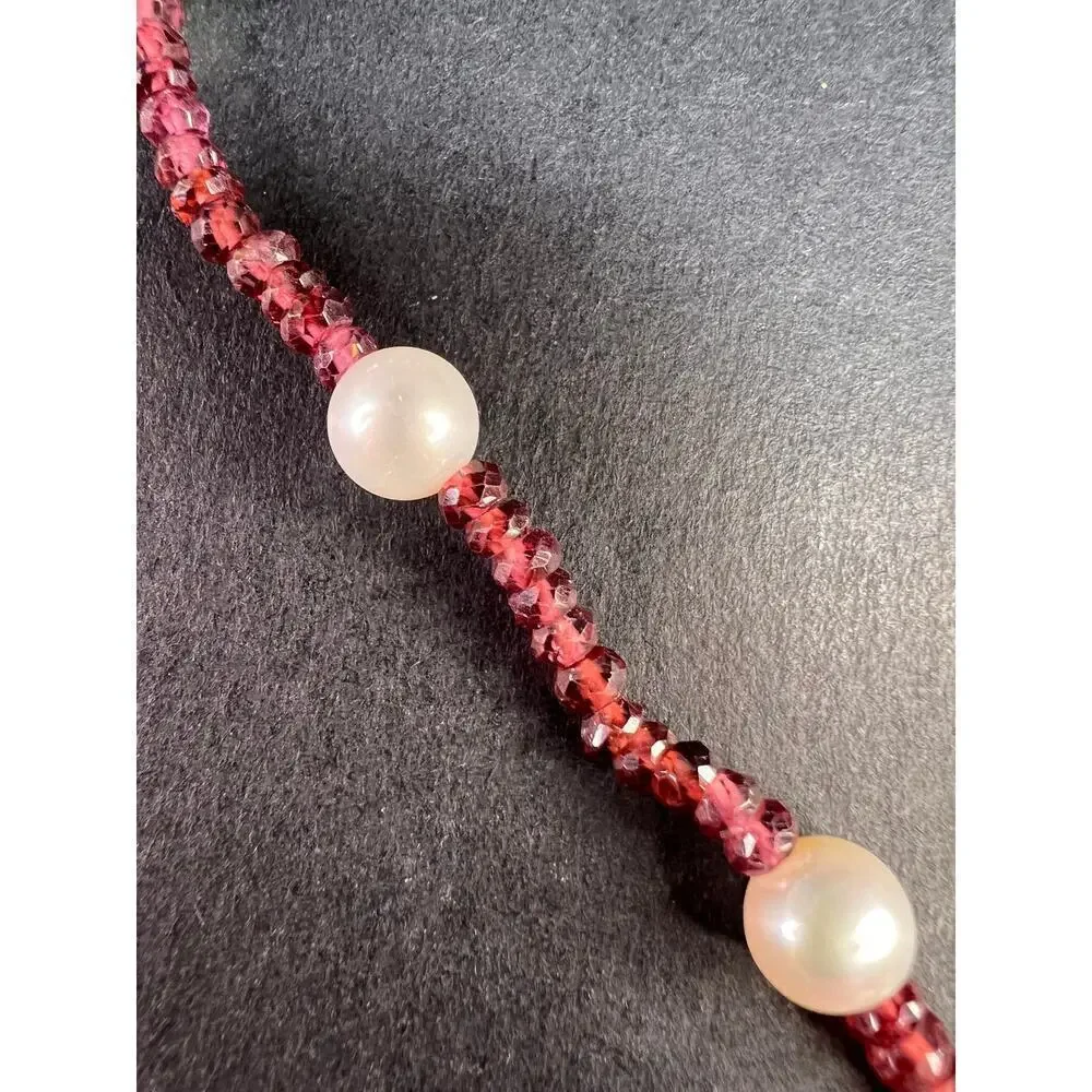 14k gold garnet and pearl station necklace 18 inches